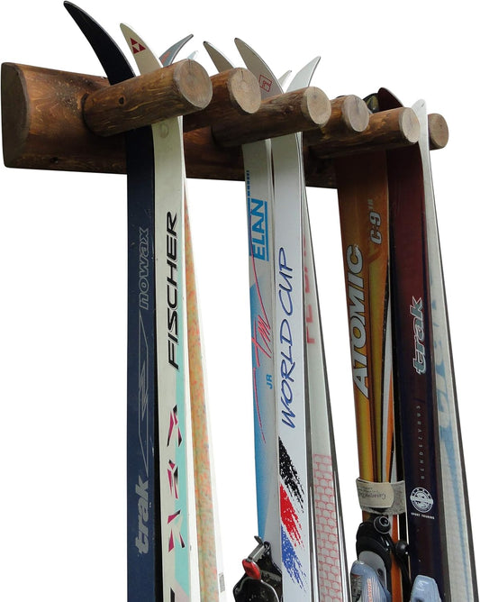 6-Place Log Ski Rack Wall Mount, Indoor Ski Storage Rack for Garage Organizers, Wooden Skis Wall Mount Storage Racks, Pole Skis Sports Racks, Garage Organization Walls - Canyon Brown