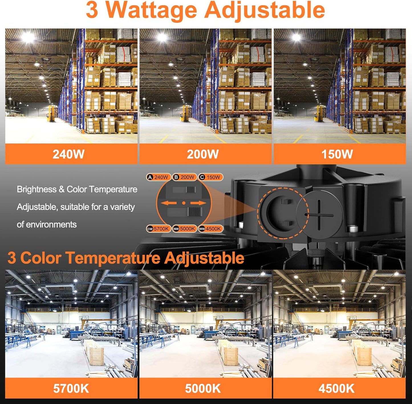 6Pack LED High Bay Lights, 240W UFO High Bay LED Shop Lights, 36000LM Adjustable CCT(5700K 5000K 4500K) & Power(240W 200W 150W), 0-10V Dimmable, 5' Cable Plug, IP65 Waterproof, ETL & DLC Listed