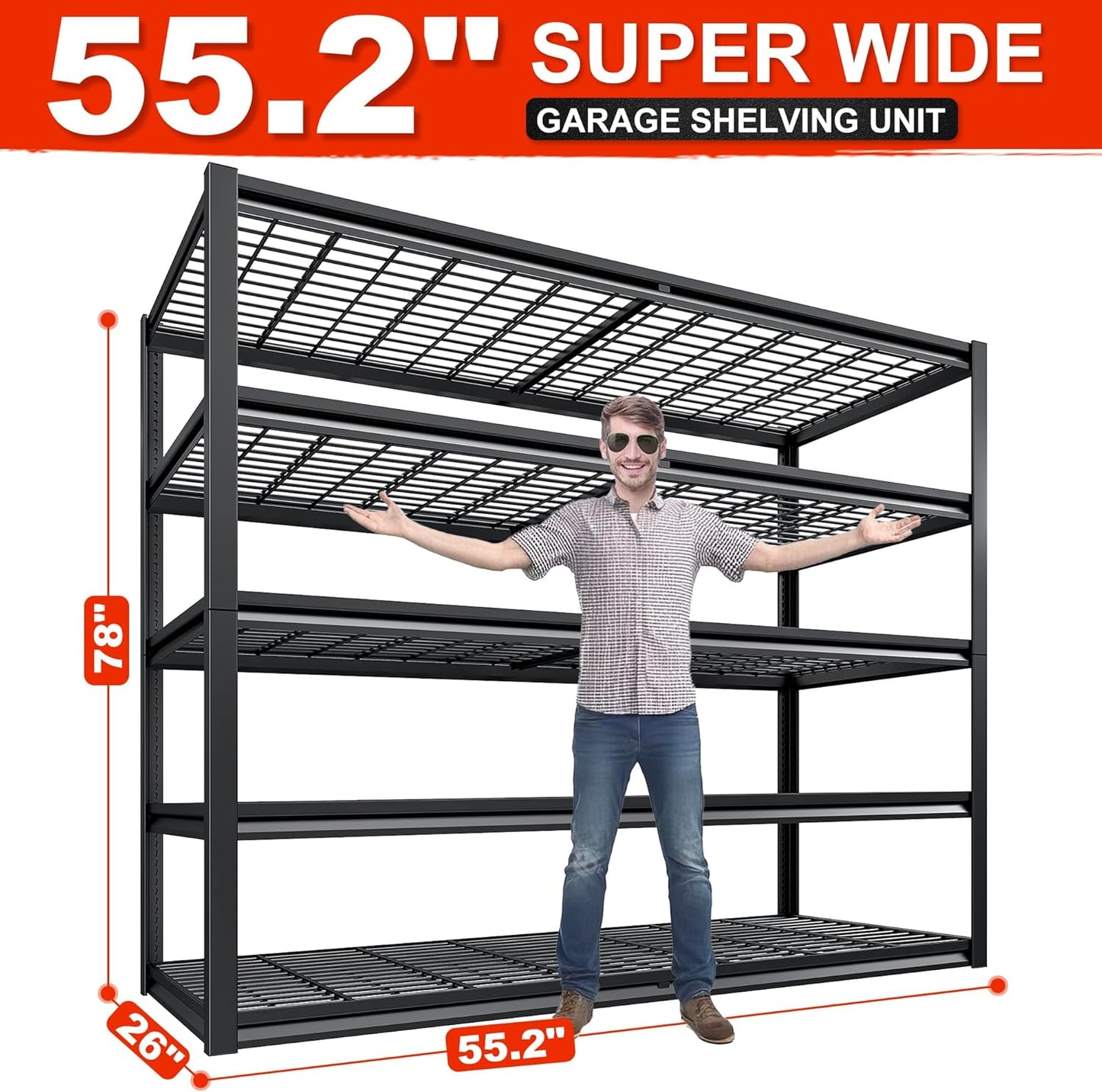 REIBII 78" H Garage Shelving Heavy Duty Load 3000LBS, Adjustable Storage Shelves, 5 Tier Metal Shelving Unit for Storage Racks Industrial Shelf, 55.2" W x 26" D x 78" H, Black