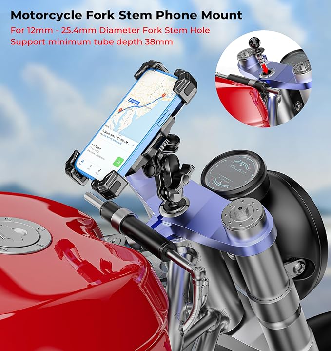 Motorcycle Fork Stem Phone Mount with Vibration Dampener, Motorcycle Cell Phone Holder with Aluminum Alloy Anti-Theft Short Arm, Fit 12mm to 25.4mm Diameter Stem Tubes, for 5.5"-7.2" Phones
