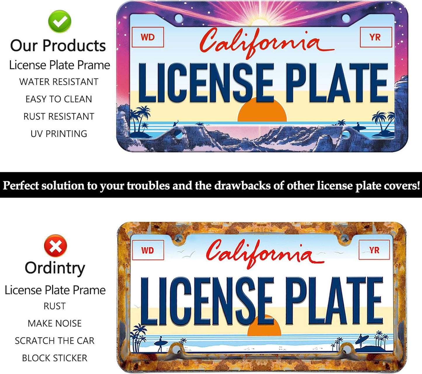 Sunset Mountain Anime License Plate Frames - 2 Pack Magic Colorful Stainless Steel License Plate Holder,Rust-Proof Waterproof Car Decorative Tag Frame with Screws Fasteners Caps