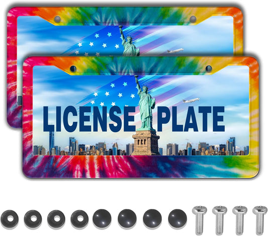 License Plate Frames for Men Rainbow License Plate Frame for Women Novelty Tie Dye Painting Aluminum Metal Car Accessory 2 Pack with Screw Covers Set