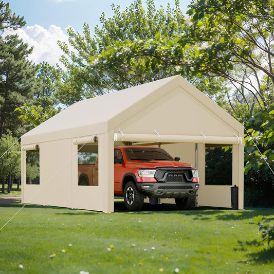 JY QAQA Carport, 12x20 FT Heavy Duty Carport with Removable Side Walls and Doors, Portable Garage with Roll-Up Window and Sandbags, Car Canopy with All-Season Tarp for Cars, Boats, Trucks, Khaki