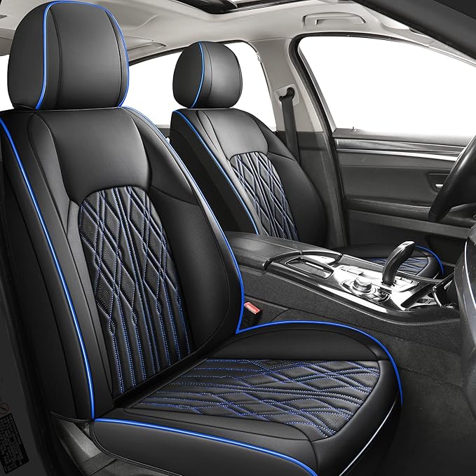 Huidasource Car Seat Covers Full Set, Leather Vehicle Cushion Covers, Universal Fit Most Car Sedan SUV Pickup Truck, Fit for Acura Honda City Nissan Altima Mazda Hyundai Audi (Full Set/Black&Blue)