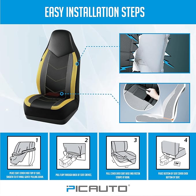 PIC AUTO Leather Car Seat Covers, Sports Carbon Fiber & Mesh Design, High-Back Front & Rear Full Set, Waterproof Automotive Seat Covers, Airbag Compatible, Universal Fit for Most Cars (Black & Yellow)