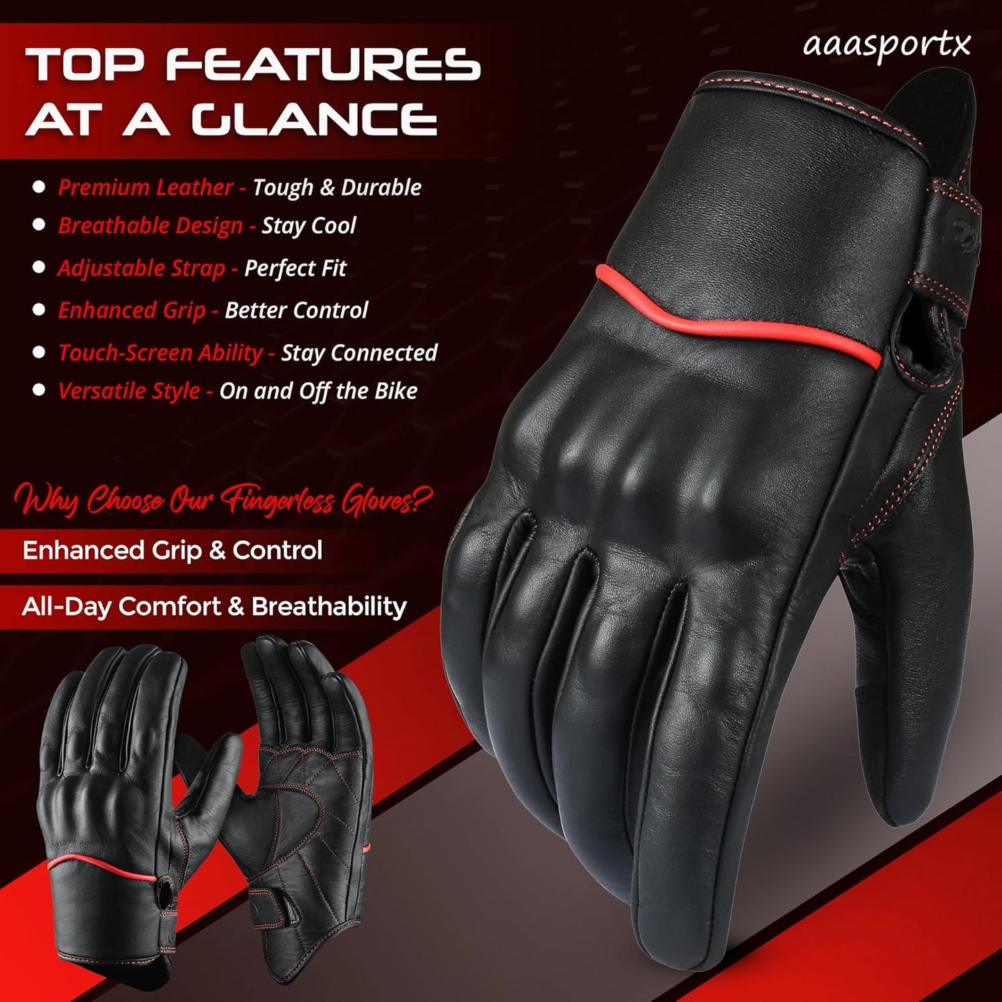 aasportx Motorcycle Gloves - Men's Leather Motorbike Gloves with Touchscreen Function - Non-Slip Pads for Men & Women