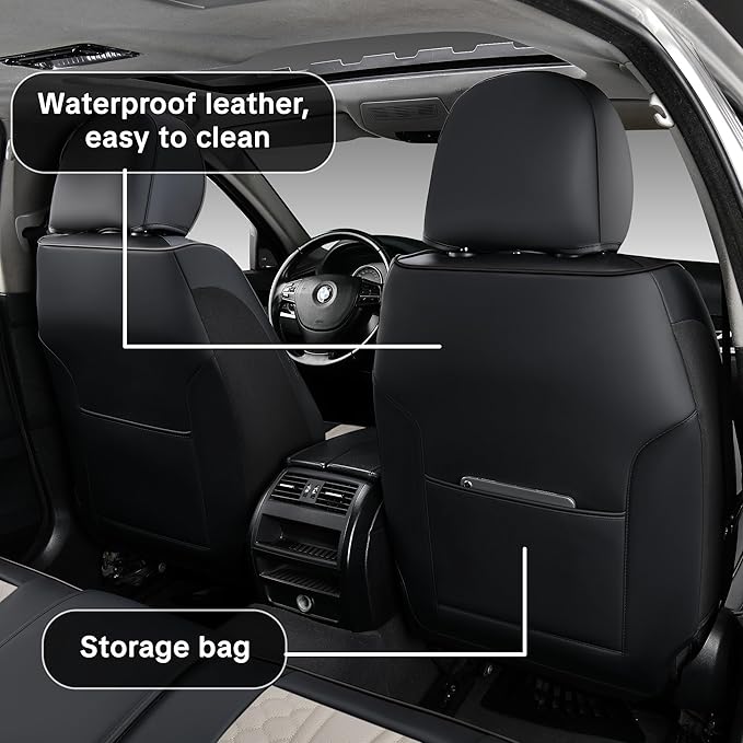 Black and Grey PU Leather Car Seat Covers - Luxury Waterproof Car Seat Covers with Lumbar Support, Non-Slip Base, Airbag Compatibility, Easy Installation and Cleaning