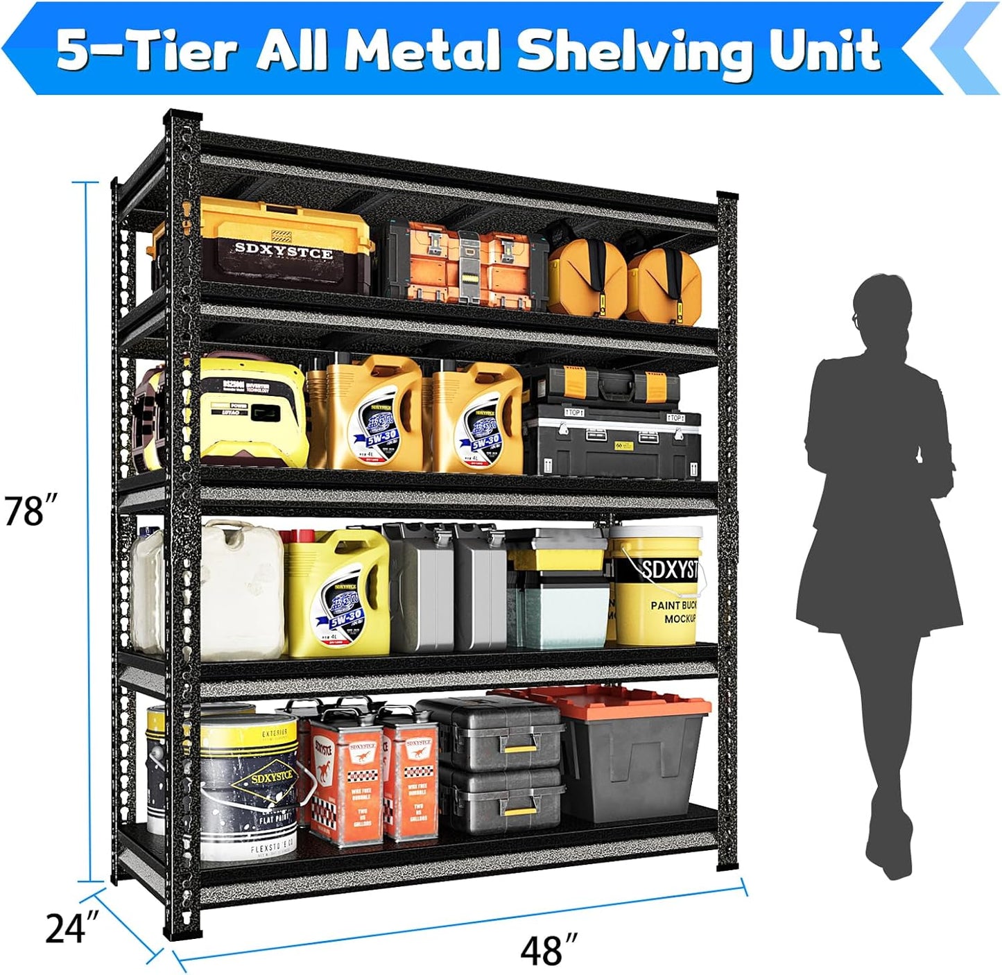 Garage Shelving Heavy Duty 3000LBS Loads, 48" W Adjustable Garage Storage Shelves, 5-Tier Metal Shelving Units and Storage, Industrial Utility Shelf, 48" Wx24 Dx78 H,Silver