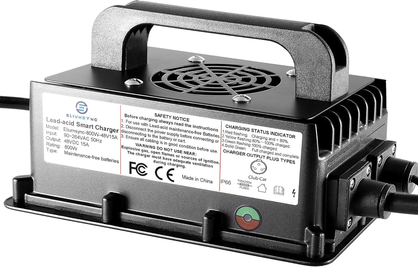 800W Lead Acid Battery Charger 48 Volt 15 AMP 3-Pin Round Plug Club Car Golf Carts