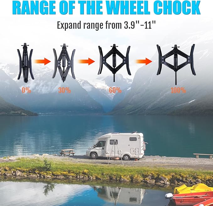 RV Rotatable Wheel Chock Stabilizers (Drill Adjusted), Camper Heavy Duty Tire Chock Stabilizers, Travel Trailers Wheel Chock Scissor 2 Sets with Ratchet,hex Socket,Gloves (Black-Turn)