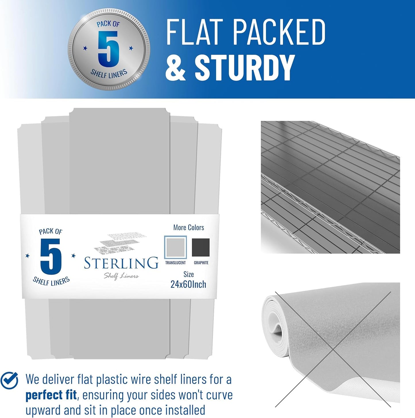 Shelf Liners for Wire Shelf System: Set of 5 in Clear: 24 x 60 inch: Plastic Wire Shelving Shelf Mats