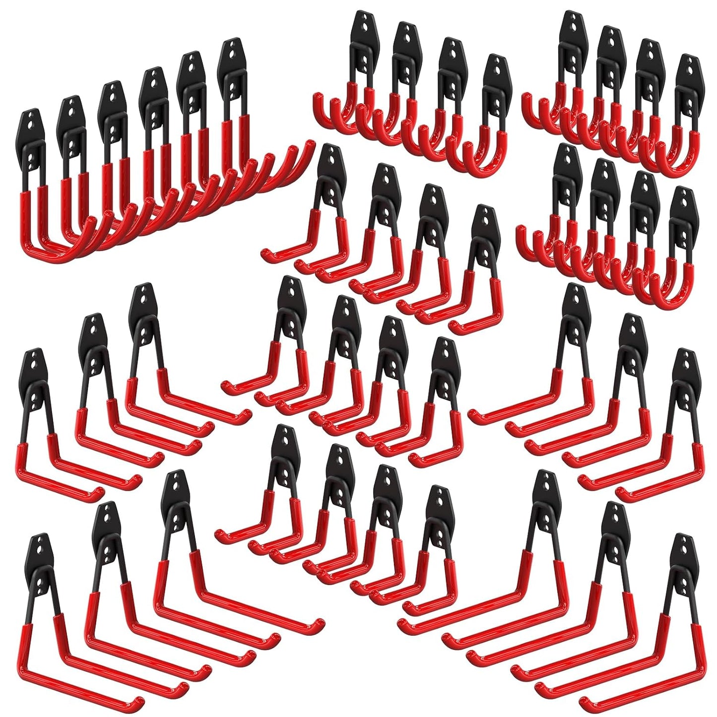 3-H Garage Wall Hooks 42 Pack, Heavy Duty Garage Hooks with Extra Welding Spots, Wall Mount Storage Organizer for Hanging Garden Lawn Tools, Ladder, Bike, WeedEater, Chair, Shovel, Blower (Red)
