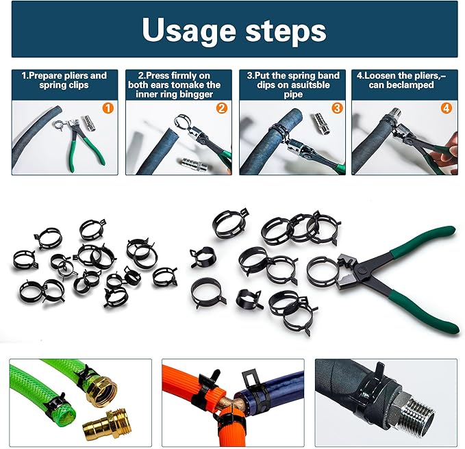Automotive spring hose clamps 24-38 mm, 62 pcs fuel coolant pipe clamp tools in 8 sizes, used to fix hose interfaces in automotive, marine, gardening, and industrial applications
