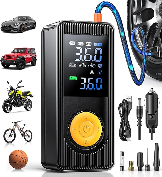Tire Inflator Portable Air Compressor - 150 PSI 4X Fast Inflation Rechargeable Battery & 12V DC Adapter Powered Air Pump for Car Bike Motorcycle Tires Balls with LCD Display, LED Light Christmas Gift
