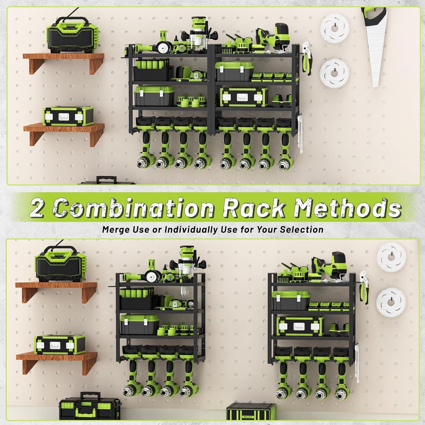 Power Tool Organizer Wall Mount,4 Layers Capacity Heavy Duty Metal Storage Rack with 8 Drill Holders for Drills Cordless Tools,Garage Organizer Suitable Workshop Basement