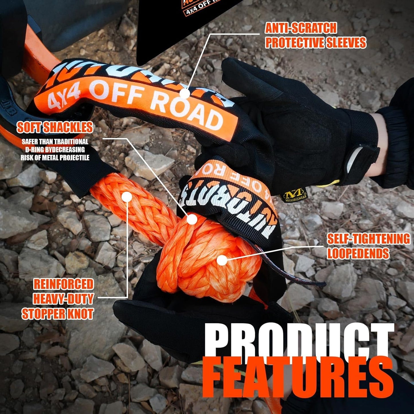 AUTOBOTS Kinetic Recovery Rope 1" x 20'(48,600lbs)+2 Soft Shackles，Heavy Duty Tow Rope Tow Strap for Truck ATV UTV SUV Car，Offroad Recovery Kit