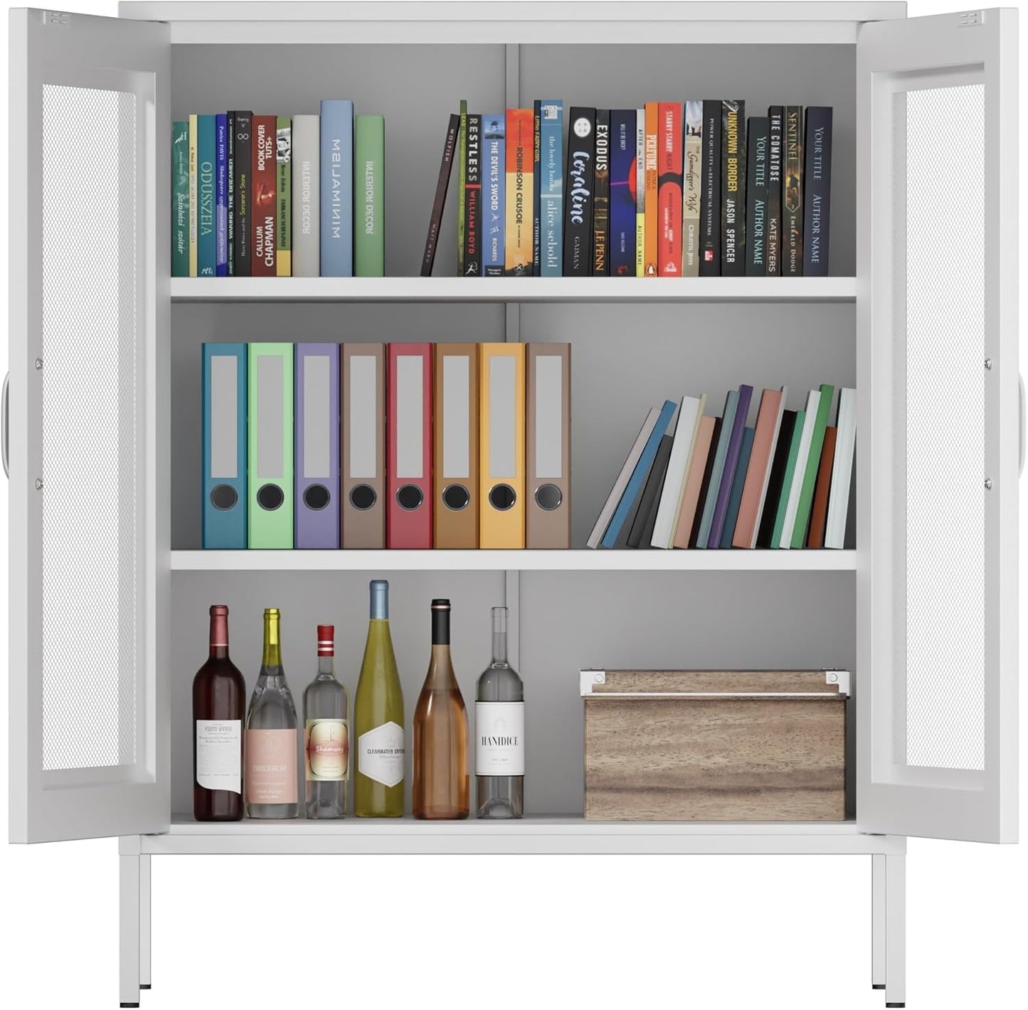 Metal Storage Cabinet with Mesh Doors,Steel Display Cabinet with Adjustable Shelves,Metal Office Storage Locker for Home Office,Garage(White mesh, 40''H)