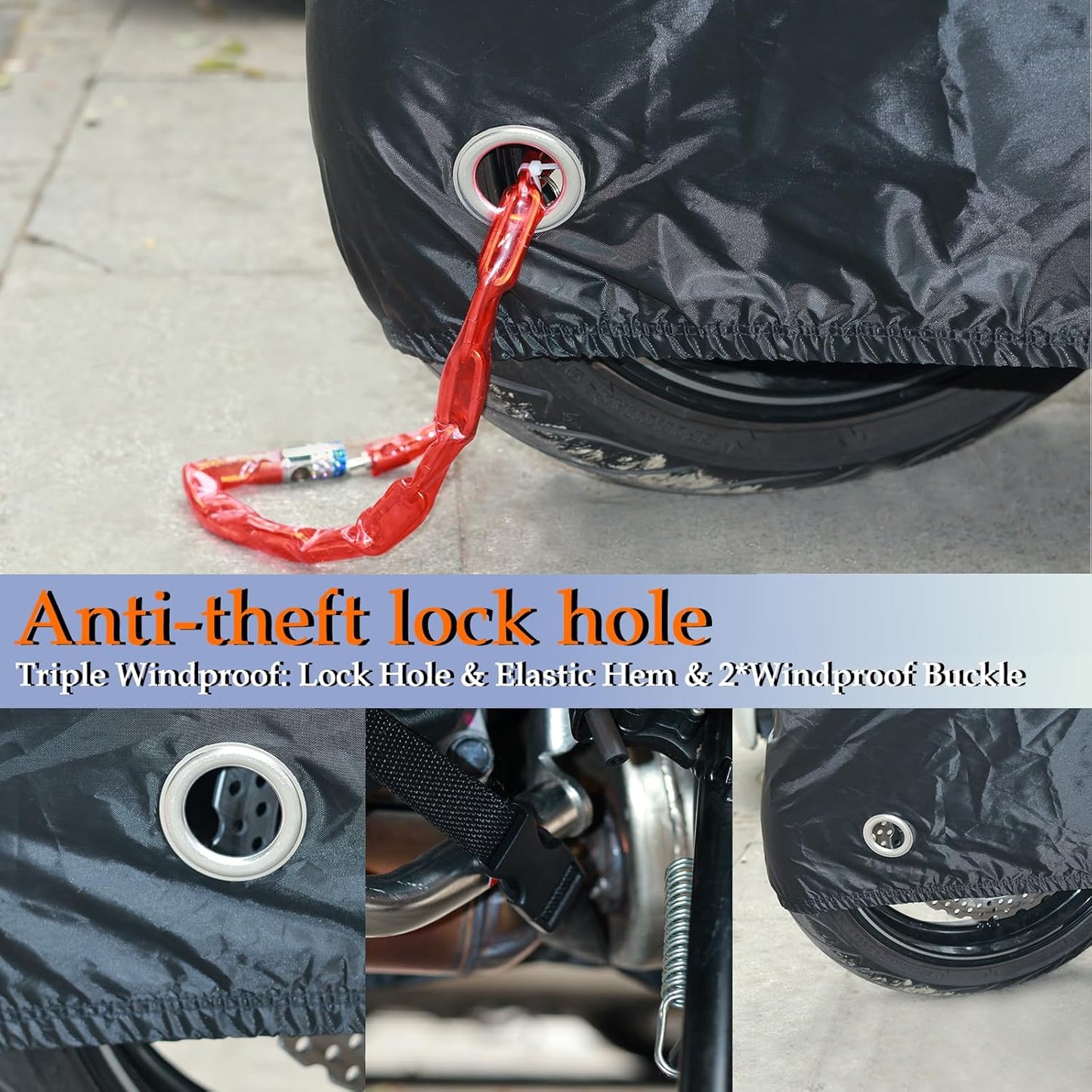 Motorcycle Cover, 210D Oxford Cloth, with Reflective Stripes, Waterproof Outdoor Protection, All-Weather Universal car Cover, with Lock Holes and Storage Bag. (All Black, 96.5")