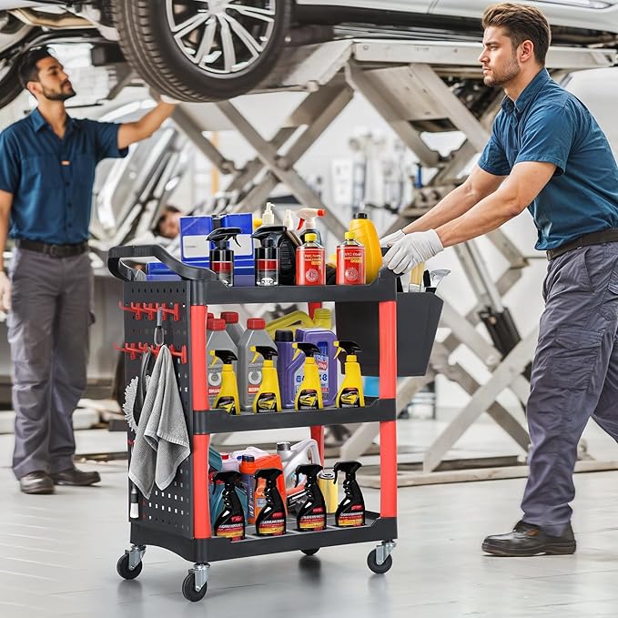 DWVO Rolling Auto Detailing Cart with Wheels & Hanging Bucket, 3-Tier Organizer with Hooks & Long Hanging Panel, Car Wash Utility Cart for Garage, Workshop, Repair Shop, DIY Home (17" D x 33" W)