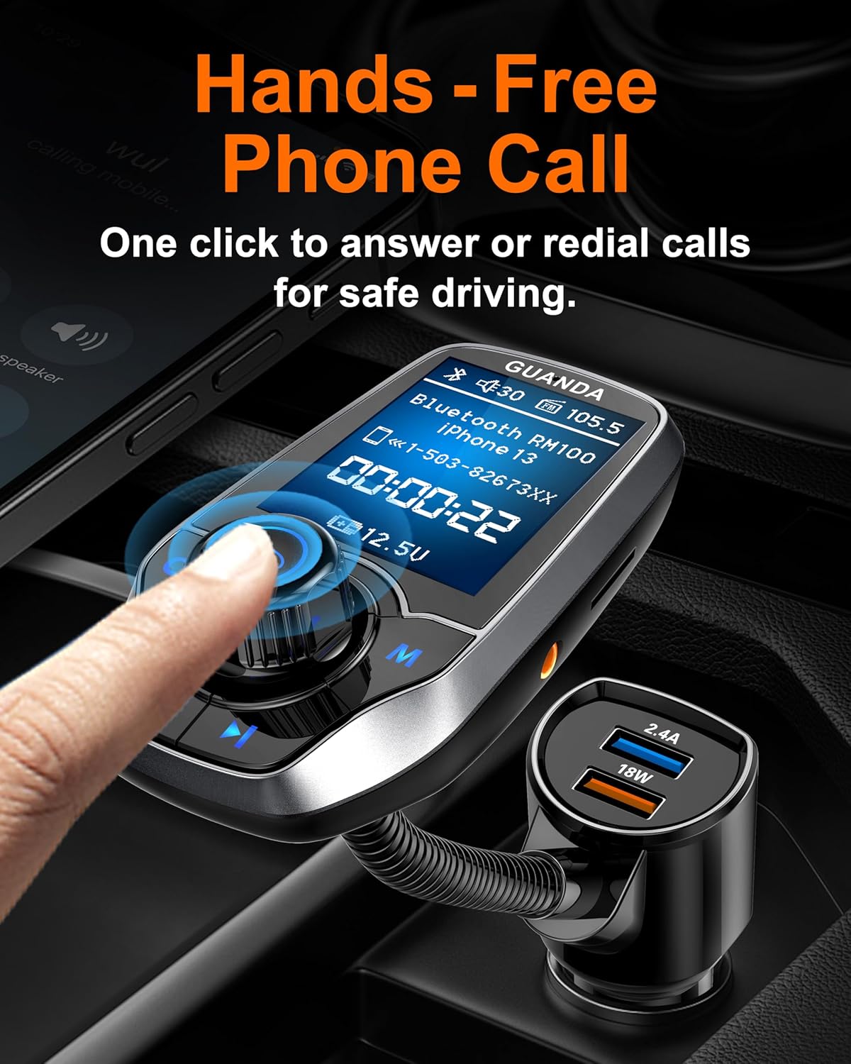 Upgraded Bluetooth FM Transmitter for Car, Wireless Radio Adapter Kit W 1.8" Color Display Hands-Free Call AUX in/Out SD/TF Card USB Fast Charging 18W for All Smartphones Audio Players - Pewter