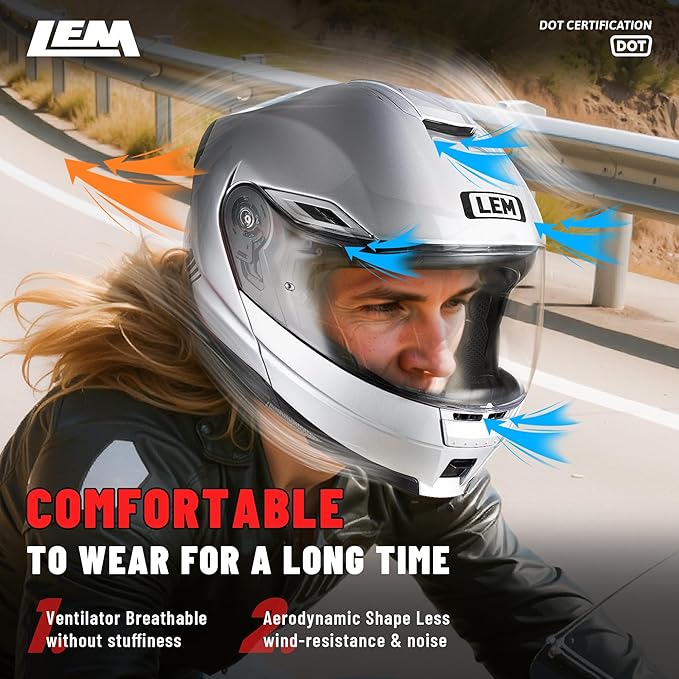 LEM Modular Motorcycle Helmets Fiberglass, Full Face Motorcycle Helmet Flip Up for Touring, DOT Certified, Release Sun Visor & Removable Comfort Liner, Lightweight Street Bike Helmet (Silver, M)