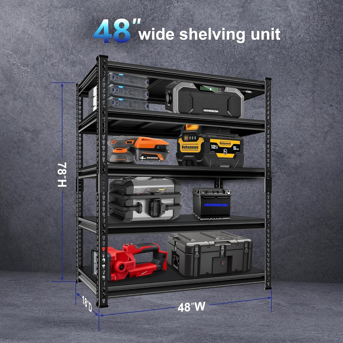 Adjustable Garage Storage Shelves, 48''W Garage Shelving Heavy Duty Loads 2500LBS, Metal Industrial Utility Shelf for Warehouse, Kitchen, Laundry Room,48" W x 18" D x 78" H,Black