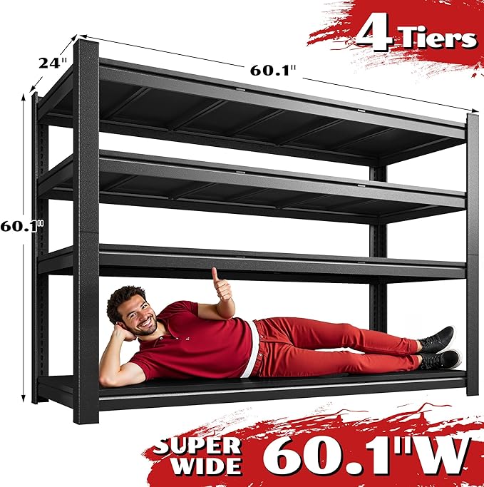 2500LBS Storage Shelves, 60.1"W Garage Shelving Heavy Duty, Adjustable Metal Shelving Unit, Storage Rack for Garage, Basement, Warehouse with Tool-Free Installation, 60.1"W x 24"D x 60.1"H
