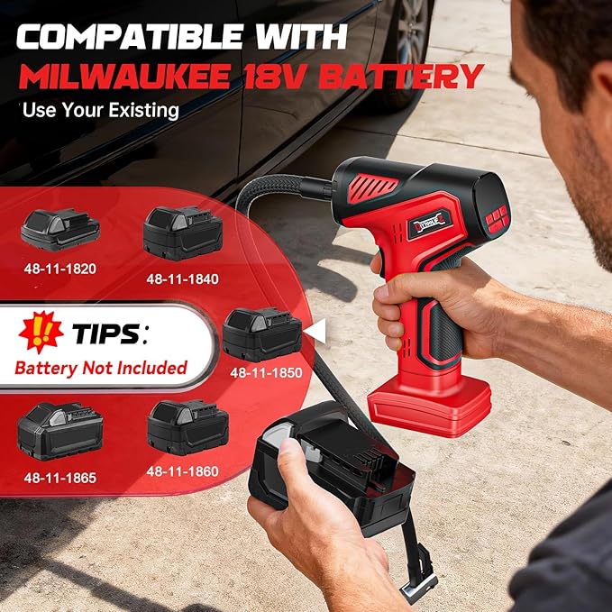 Cordless Tire Inflator Air Compressor Compatible with Milwaukee 18V Battery (Tool Only), 150 PSI Portable Car Air Pump with Digital Pressure Gauge, Automatic Shut Off, LED Light