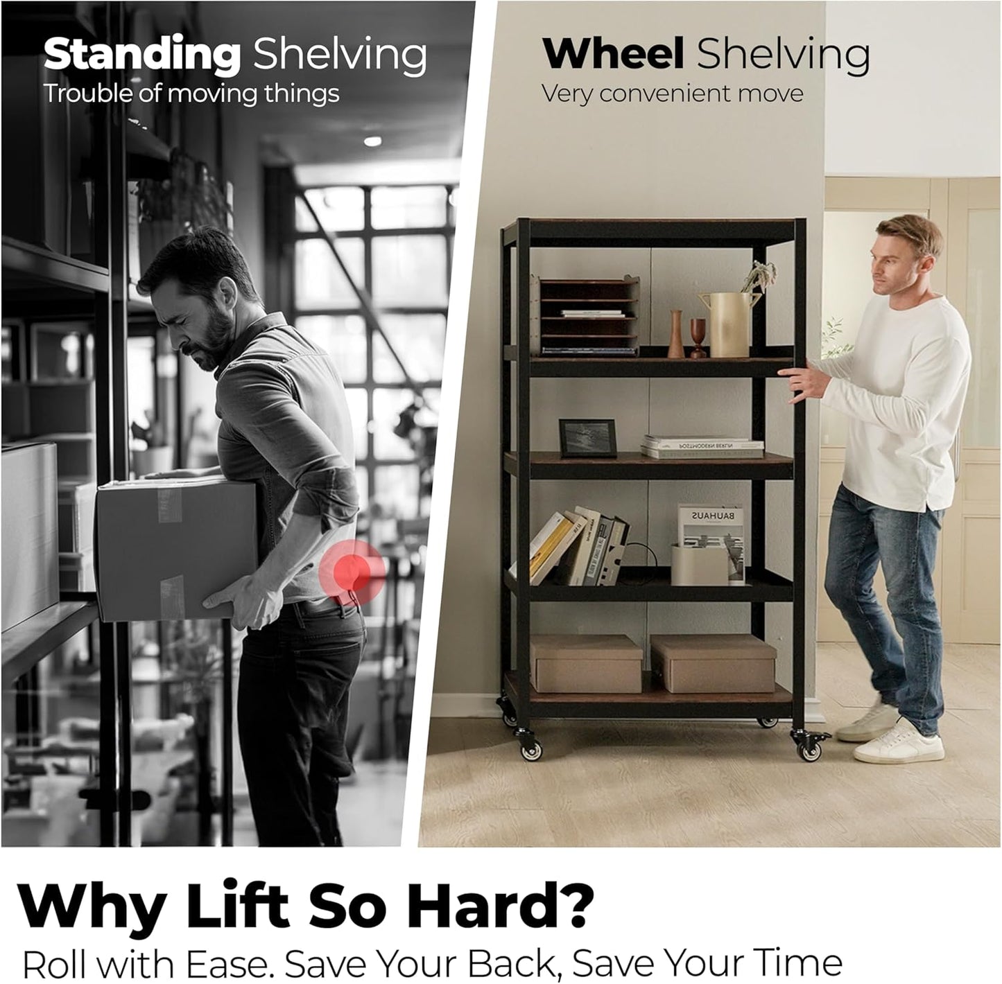 HOMEDANT House 5-Tier Metal Rolling Cart Shelf Rack Casters Heavy Duty Laminated Wheel Shelving Unit Adjustable Utility Storage Shelves Organizer Shelf Kitchen Garage 36.2" W x 16.5" D x 69.5" H 2Pack