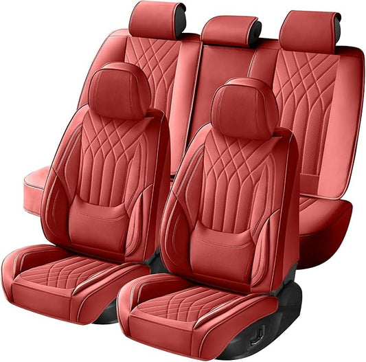 Red Car Seat Covers Full Set, Luxury Faux Leather Red Seat Covers for Cars Front and Back Seats Protector, Waterproof Full Wrapped Covers Universal Fit for Most Cars Sedans SUVs