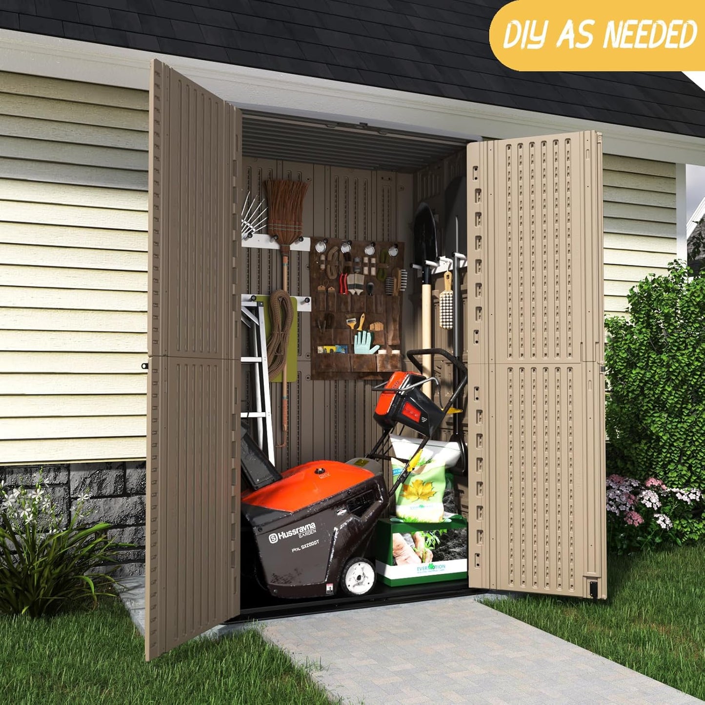 ADDOK Outdoor Storage Sheds Waterproof,Resin Outdoor Storage Cabinet Lockable, Double-Layer Storage Shed for Patios/Generator/Long-Handled Tools