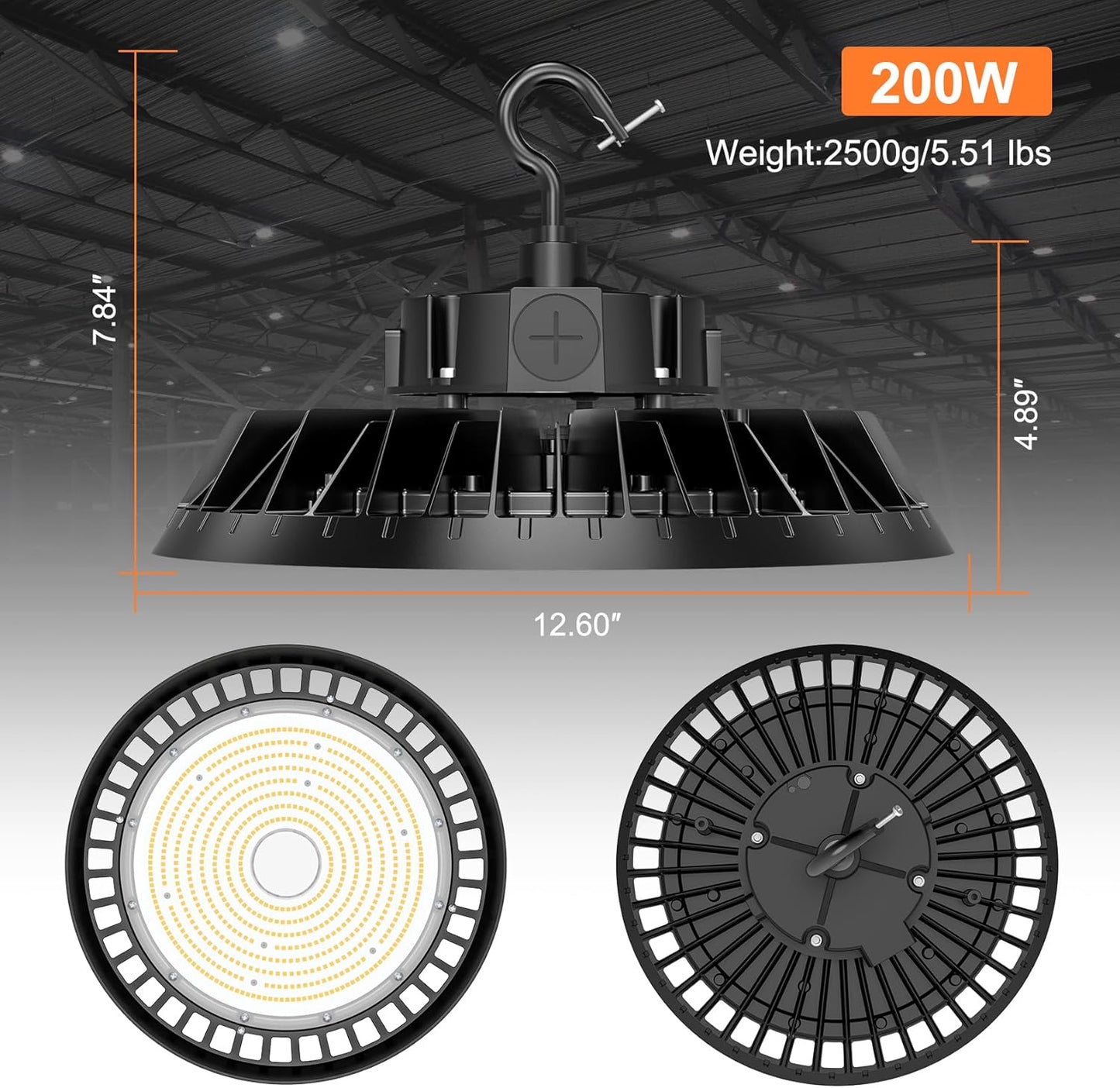 9Pack LED High Bay Lights, 200W UFO High Bay LED Shop Lights, 30000LM Adjustable CCT(5700K 5000K 4500K) & Power(200W 150W 100W), 0-10V Dimmable, 5' Cable Plug, IP65 Waterproof, ETL & DLC Listed