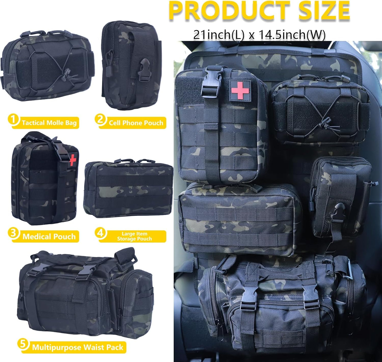 Universal Tactical Seat Back Organizer Vehicle Molle Panel Organizer Storage Bag with 5 Detachable Molle Pouch for All Vehicel Such as Jeep,Truck,SUV, Car, Ford,Chevy etc