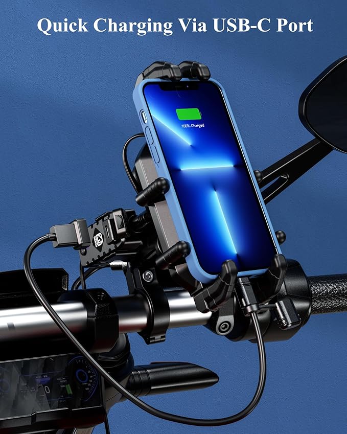 BRCOVAN Motorcycle Phone Mount Holder with Qi 15W Wireless Charger & 30W PD/USB-C Fast Charging Port, Anti-Theft Handlebar Cellphone Cradle with Vibration Dampener, Adjustable for 5.4-7.2'' Smartphone