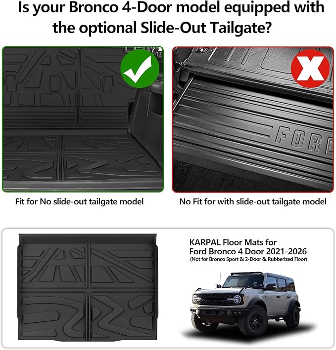 KARPAL Floor Mats for 2021-2026 Ford Bronco 4 Door (Not fit Sport & Rubberized Floor), All Weather TPE Protection Custom Fit Floor Liners, 1st & 2nd Row & Trunk Mat Ford Bronco Accessories Car Mats