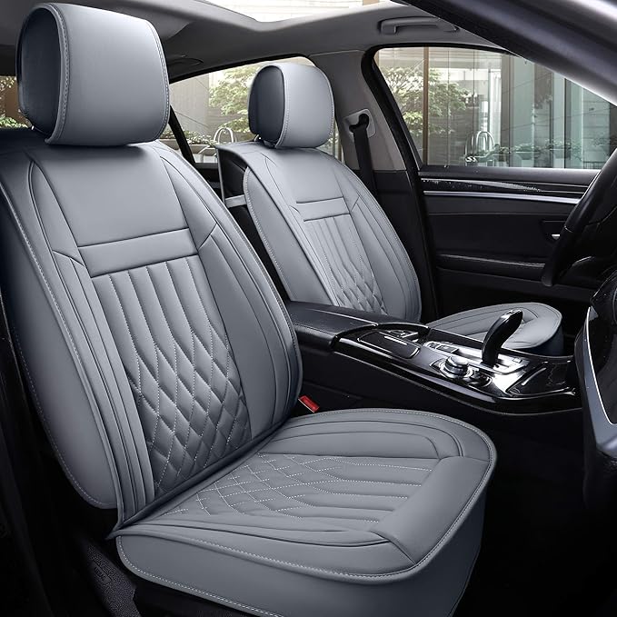 Aierxuan 2pcs Car Seat Covers Front Set with Waterproof Leather, Airbag Compatible Automotive Vehicle Cushion Cover Universal Fit for Most Cars (Grey)