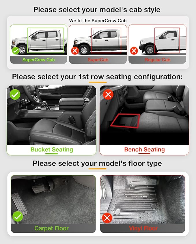 3W Floor Mats Fit for 2015-2024 2025 Ford F150 / F-150 Lightning SuperCrew Cab, TPE All Weather Heavy Duty Floor Liner Custom Fit Accessories Car Liners (with Original Folding Under-Seat Storage Box)