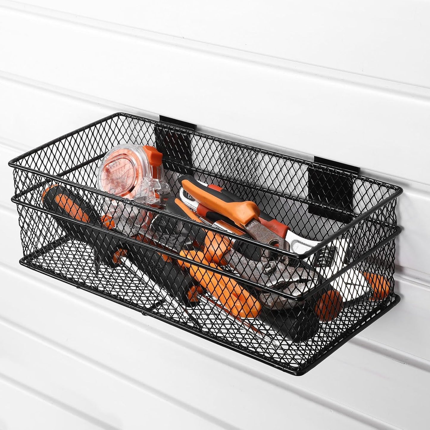 Barydat 4 Pcs Slatwall Basket Set Ventilated Metal Slatwall Basket Hanging Wire Bins Wall Mounted Accessories for Panel Garage Storage Display Organizing(Multi Size,Black)