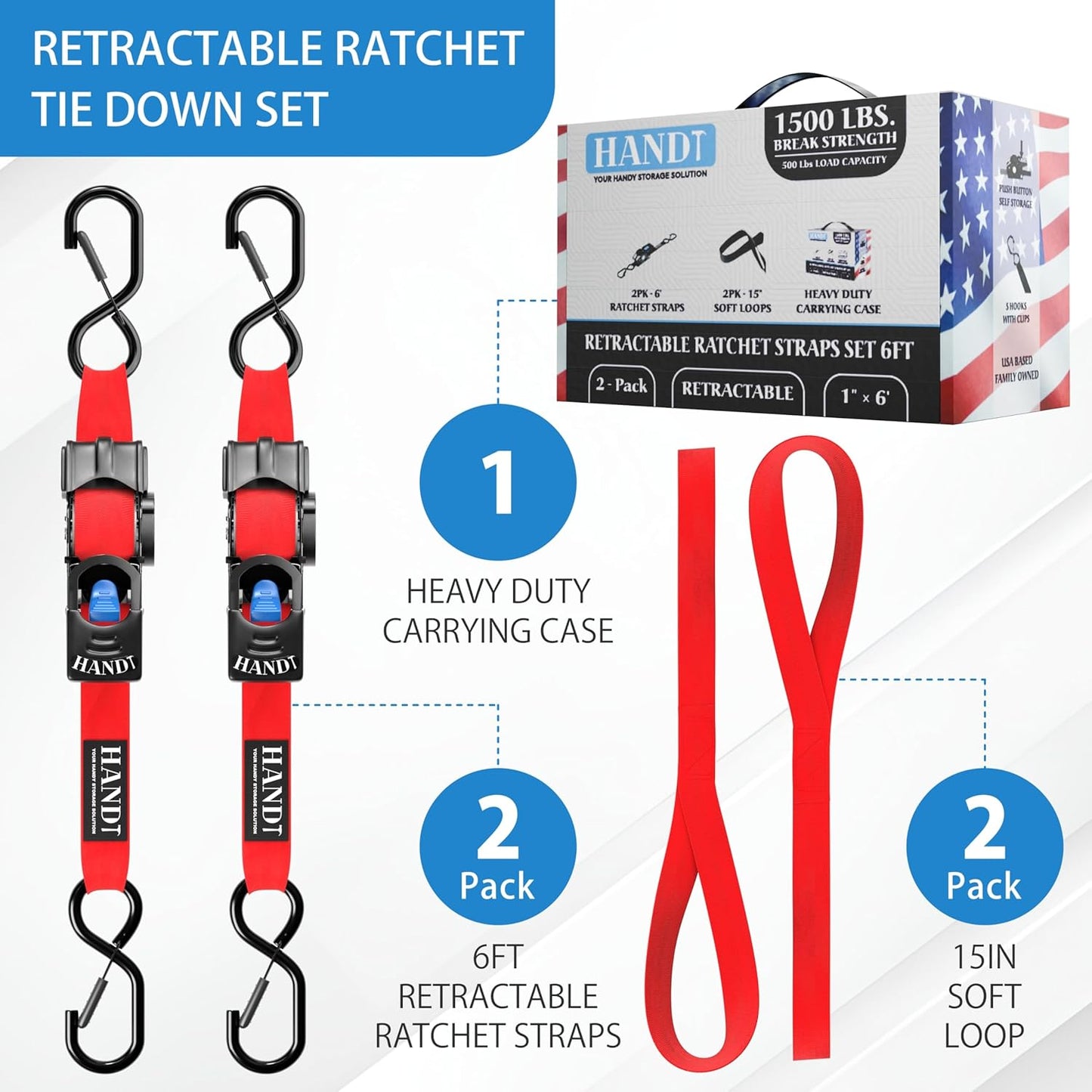 HandT USA Based Retractable Ratchet Straps (2PK) 1in x 6ft - 1,500lb Break Strength, Heavy Duty Automatic Ratchet Straps Self Retractable Tie Down, Push Button Retracting Truck Trailer Cargo | Red