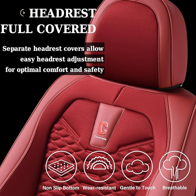 Coverado Car Seat Covers Full Set, Red Seat Covers for Cars 5 Seats, Breathable Fabric& Faux Leather Car Seat Cushions, Front and Rear Car Seat Protectors, Universal Seat Covers Fit for Most Vehicles