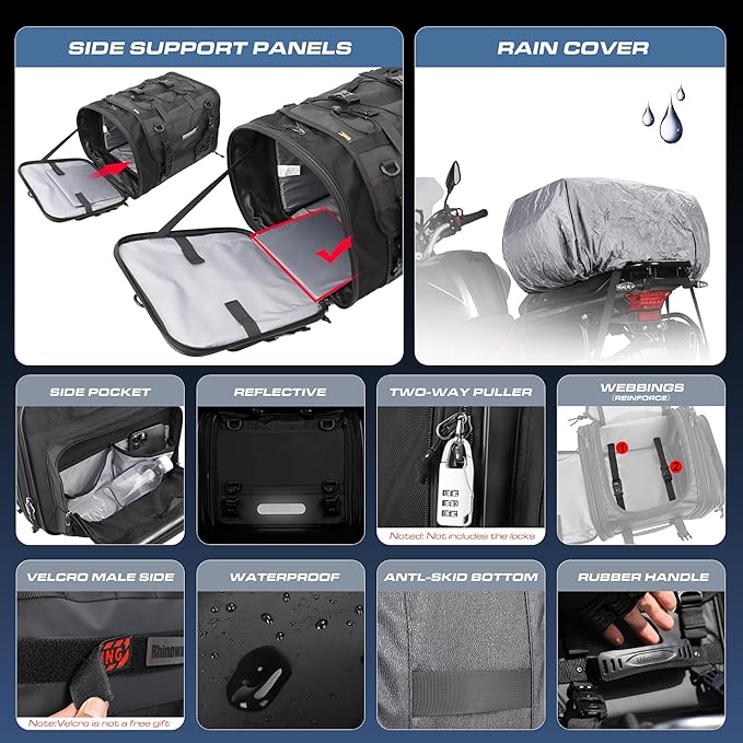 Rhinowalk Motorcycle Tail Bag Waterproof Saddlebag 40L to 60L Expandable Large Capacity Luggage for Motorbike Touring, Durable Powersports Travel Storage (60L, Black)