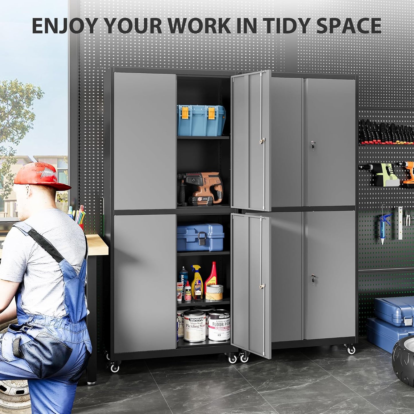 Metal Storage Cabinet with Wheels,Rolling Garage Storage Cabinet with Lock,Gray Lockable Metal Cabinets with Shelves,Tall Tool Cabinets on Wheels for Garage,Home,Office,Shop