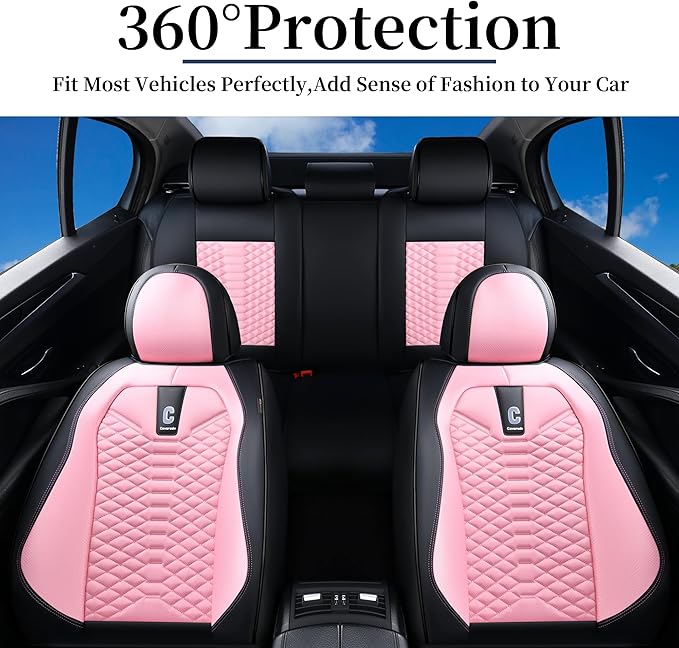 Coverado Car Seat Covers Full Set, 5 Seats Universal Seat Covers for Cars, Breathable Fabric& Faux Leather Auto Seat Cushions, Front and Rear Seat Protectors Fit for Most Sedans SUV Truck, Pink