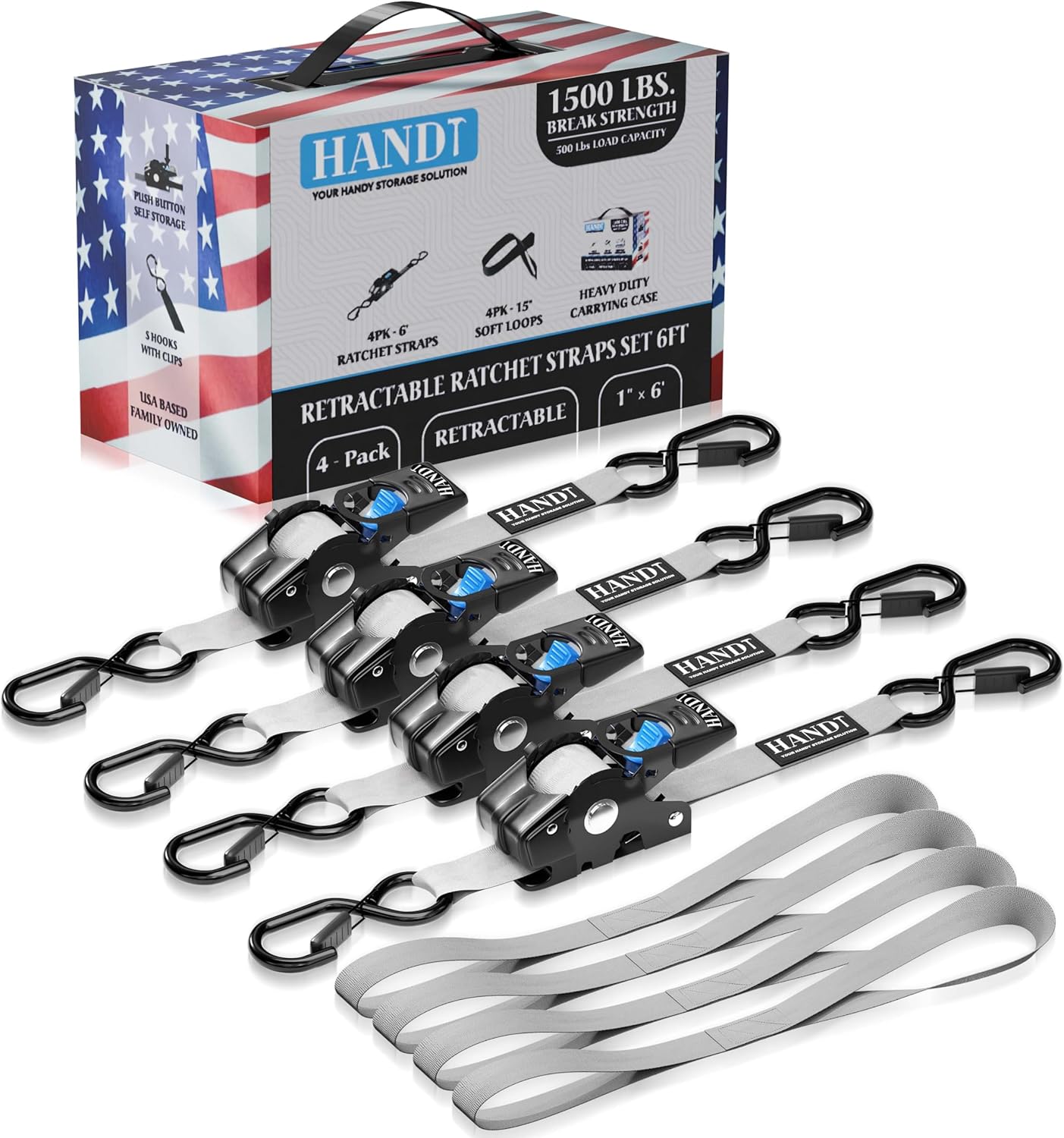 HandT USA Based Retractable Ratchet Straps (4PK) 1in x 6ft - 1,500lb Break Strength, Heavy Duty Automatic Ratchet Straps Self Retractable Tie Down, Push Button Retracting Truck Trailer Cargo | Gray