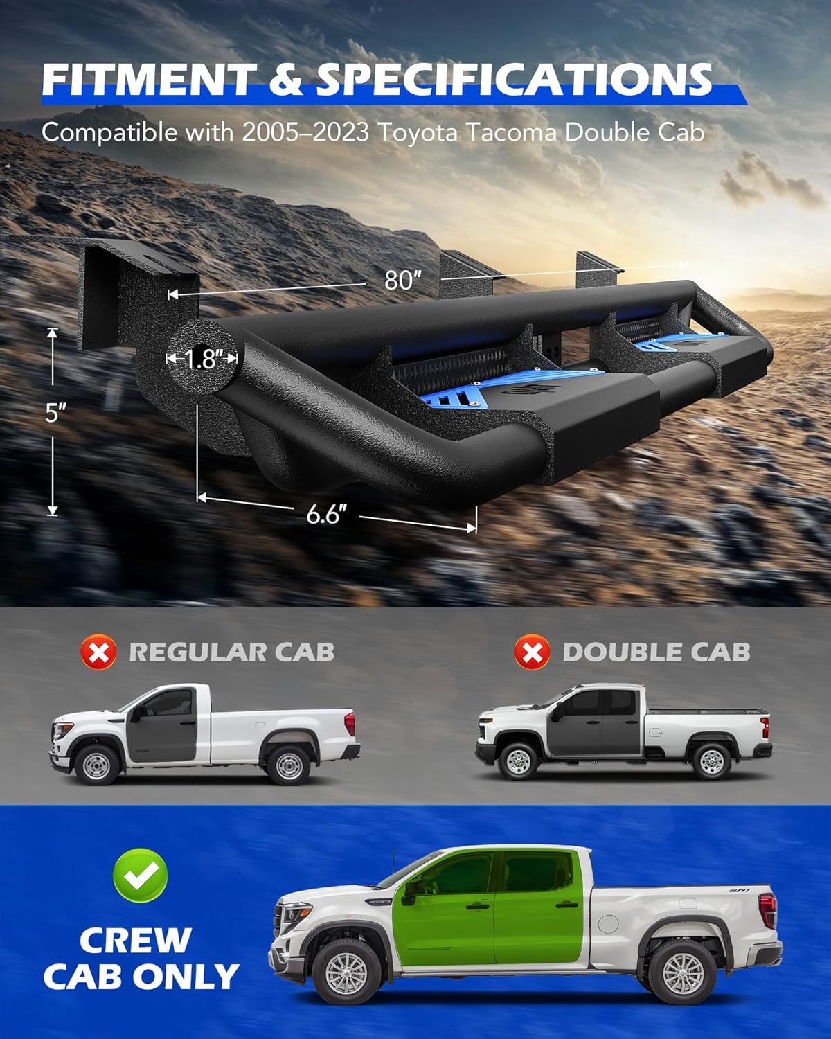 Running Boards Compatible with Toyota Tacoma Double Cab 2005-2023, 6.6" Side Steps with Paintable Step Plates, Heavy Duty Nerf Bar with Triple-Shield Anti-Corrosion Technology, Single Stair