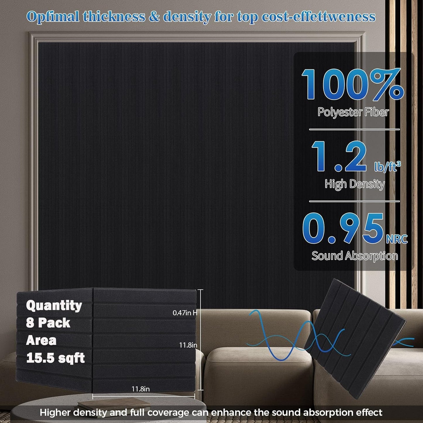 8 Pack Large Fold Soundproof Wall Panels, 24 x 12 x 0.47 in Sound Proof Foam Panels for Walls, 1.2lb/ft³ High Density, Thicker 0.47in, Acoustic Panels, Sound Dampening Panels Black