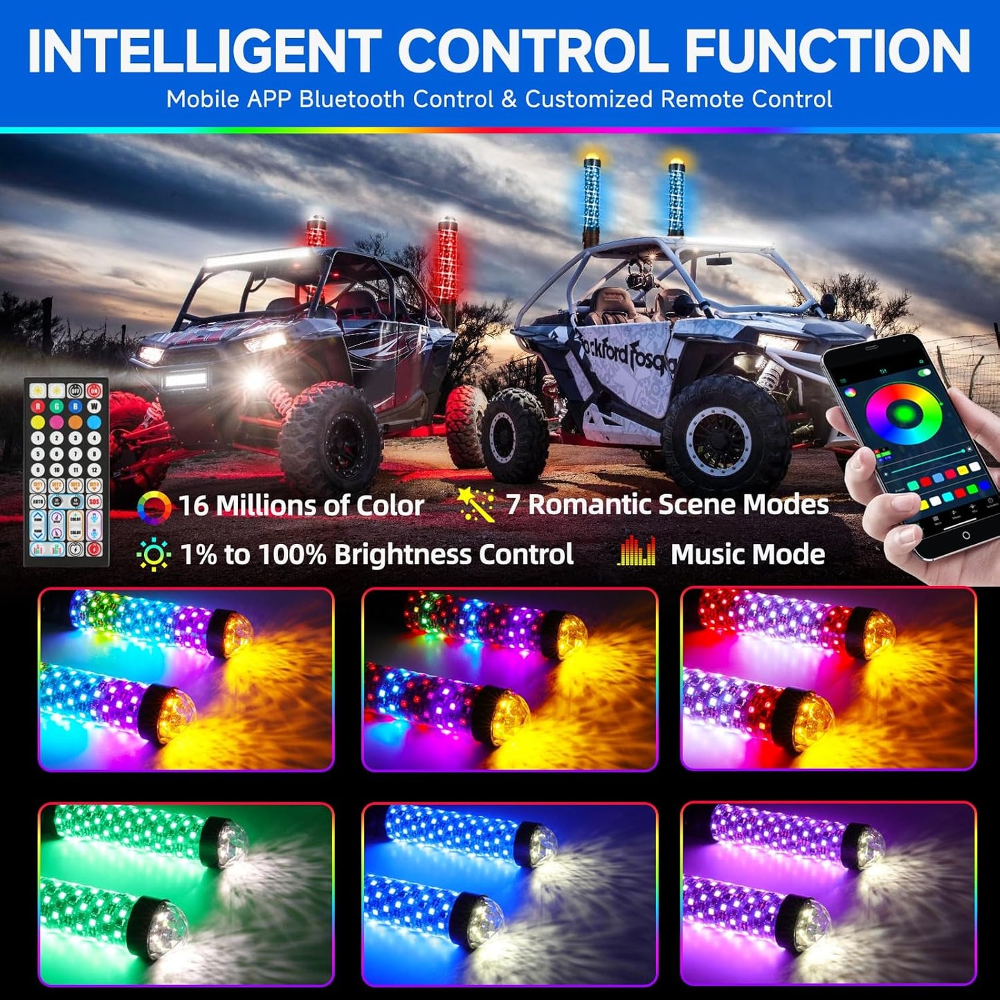 DREAMIZER 2Pack 1FT Fat Whip Lights New Upgraded Spiral LED Whip Light with Strobe Light RGB Chasing Dancing Lighted Antenna Whips W/APP&Remote Control for SXS UTV ATV RZR Can-Am X3 Off-Road Truck