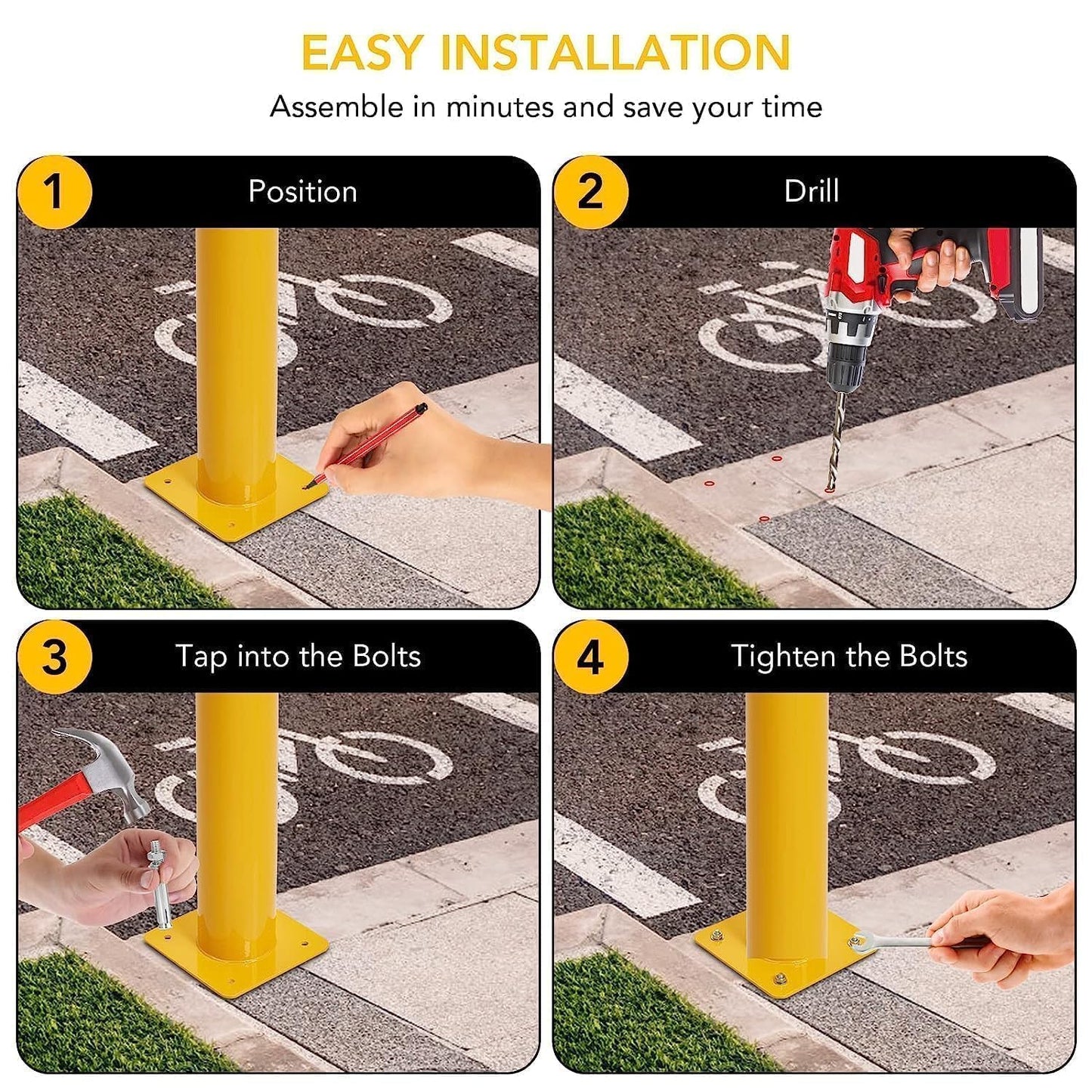 Safety Bollard, 4 Packs 48 Inch Metal Safety Bollard Post with 16 Anchor Bolts, 4.5 Inch Diameter Steel Safety Bollard for Driveway Barrier, Parking Pole,Traffic Control