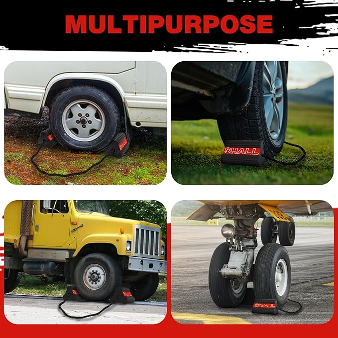 SHALL Wheel Chocks, Heavy Duty Rubber Wheel Chocks with 3 Reflective Strips, Solid Block Stopper for RV Trailer Camper Truck Car Aircraft, 2 Pair/4 Pack with Rope, Red