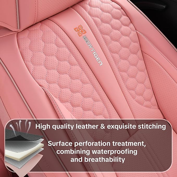 Pink Car Seat Covers Full Set – Stylish Leather Waterproof Seat Protectors for Cars, SUVs & Trucks, Airbag Compatible, Non-Slip Design, Easy to Install, Fits Most Vehicles